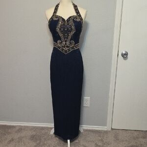 Landau Blue and Gold Embellished Halter Prom Gown